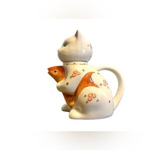 Vintage Lucky Cat Porcelain Creamer / Teapot – Maneki Neko with Koi Fish